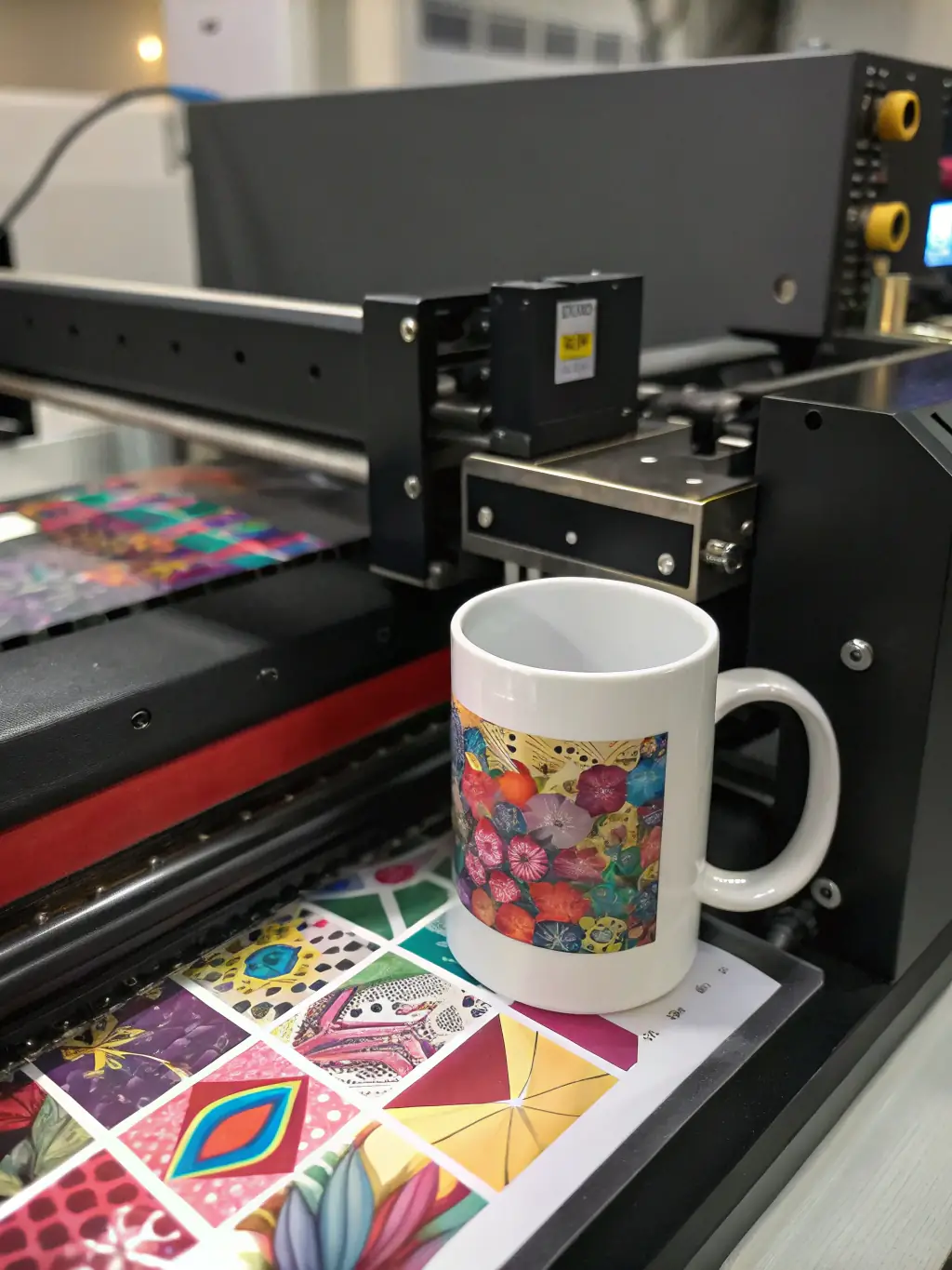 A sublimation printer transferring a design onto a ceramic mug. The mug is wrapped in transfer paper, and the heat press is closing to apply the design.