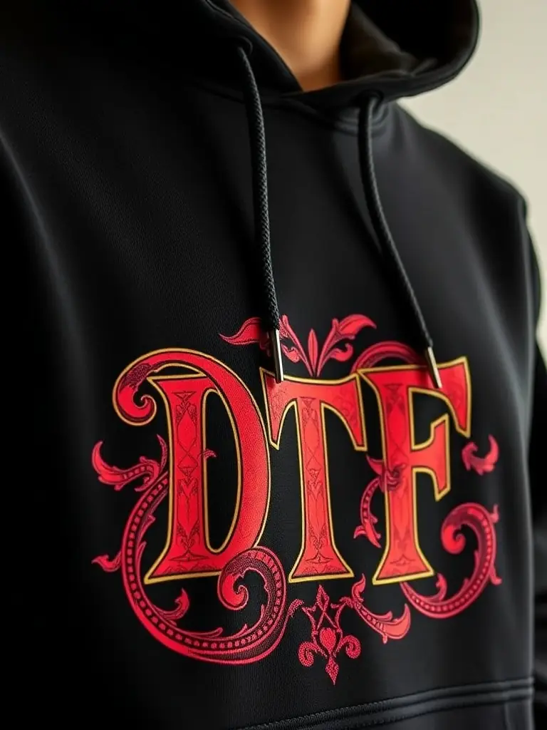 A close-up shot of a DTF (Direct to Film) printed t-shirt, showcasing vibrant colors and intricate details of the design. The t-shirt is displayed on a mannequin in a well-lit studio.
